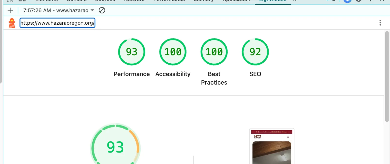 After — Lighthouse Performance 93, Accessibility 100, Best Practices 100, SEO 92