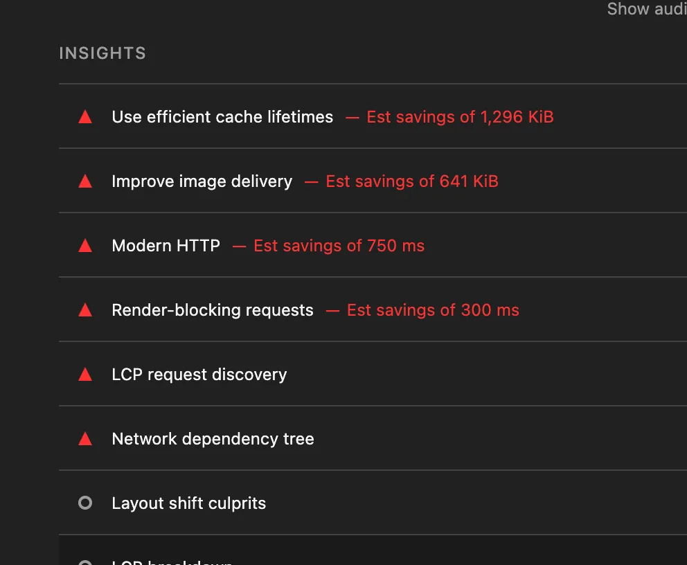 Lighthouse performance insights showing cache, image delivery, and render-blocking issues