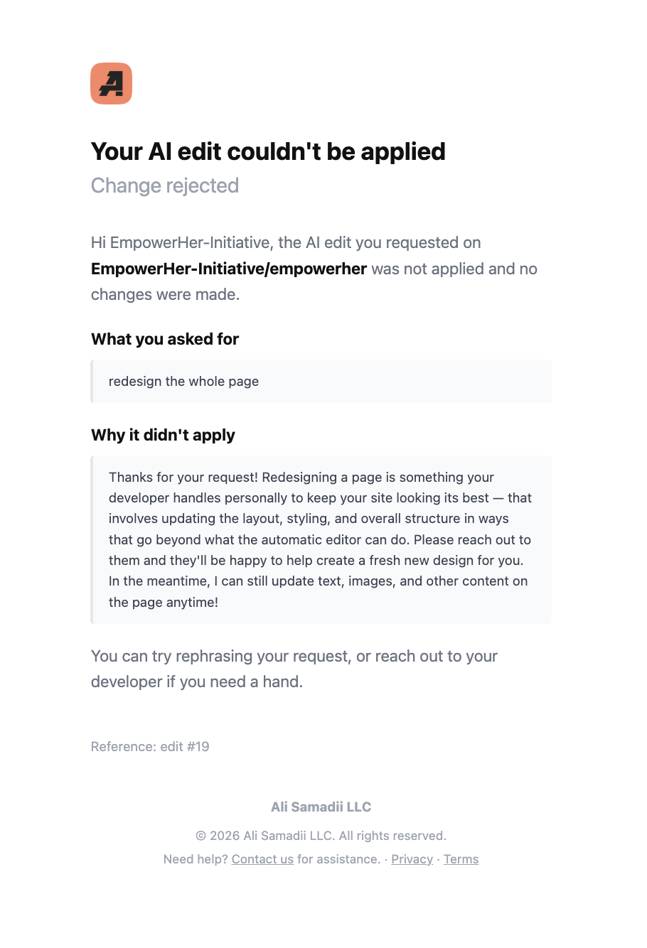Email alert explaining that an AI edit could not be applied, showing what was asked and why it was rejected