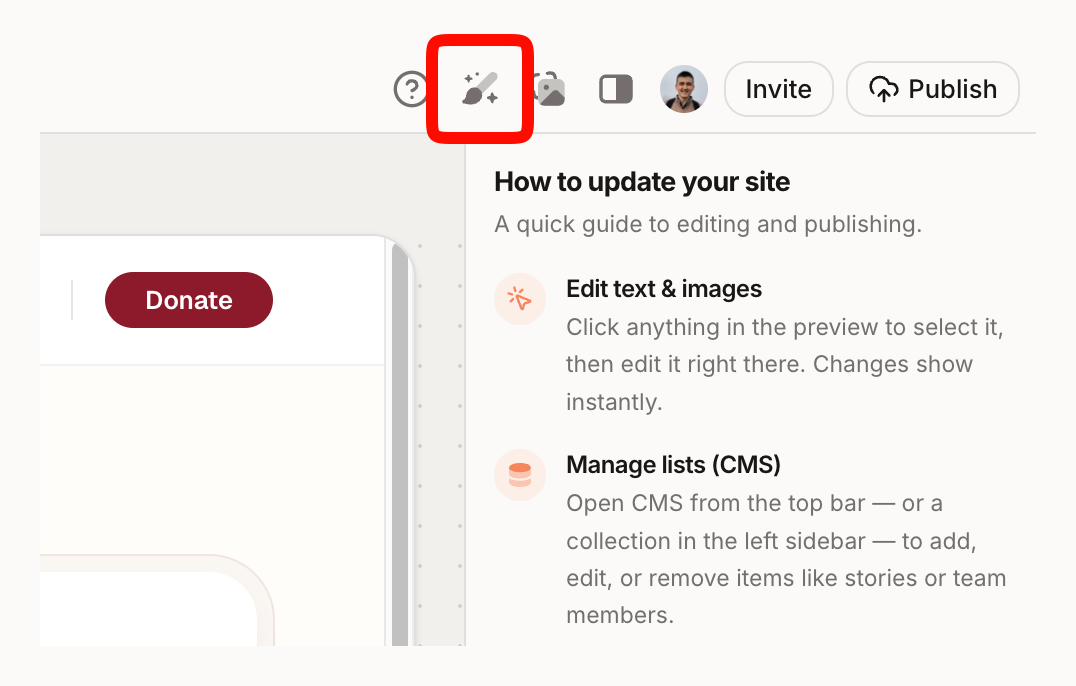 The editing guide panel showing how to edit text and images and manage lists, with the Publish button in the top bar