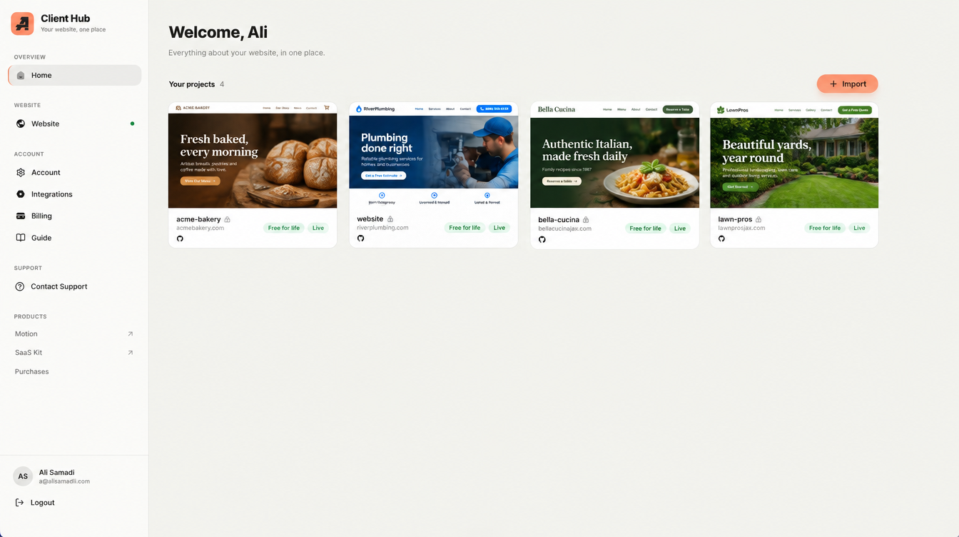 The Client Hub dashboard after logging in, showing your project cards
