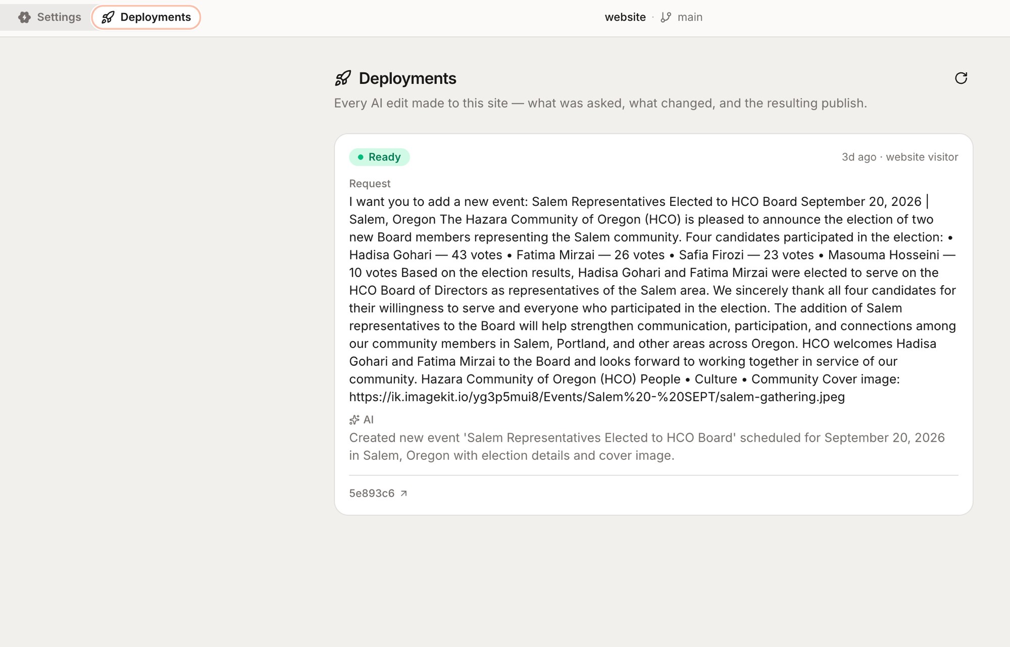 The Deployments tab listing every AI edit with the request, what changed, and the resulting publish