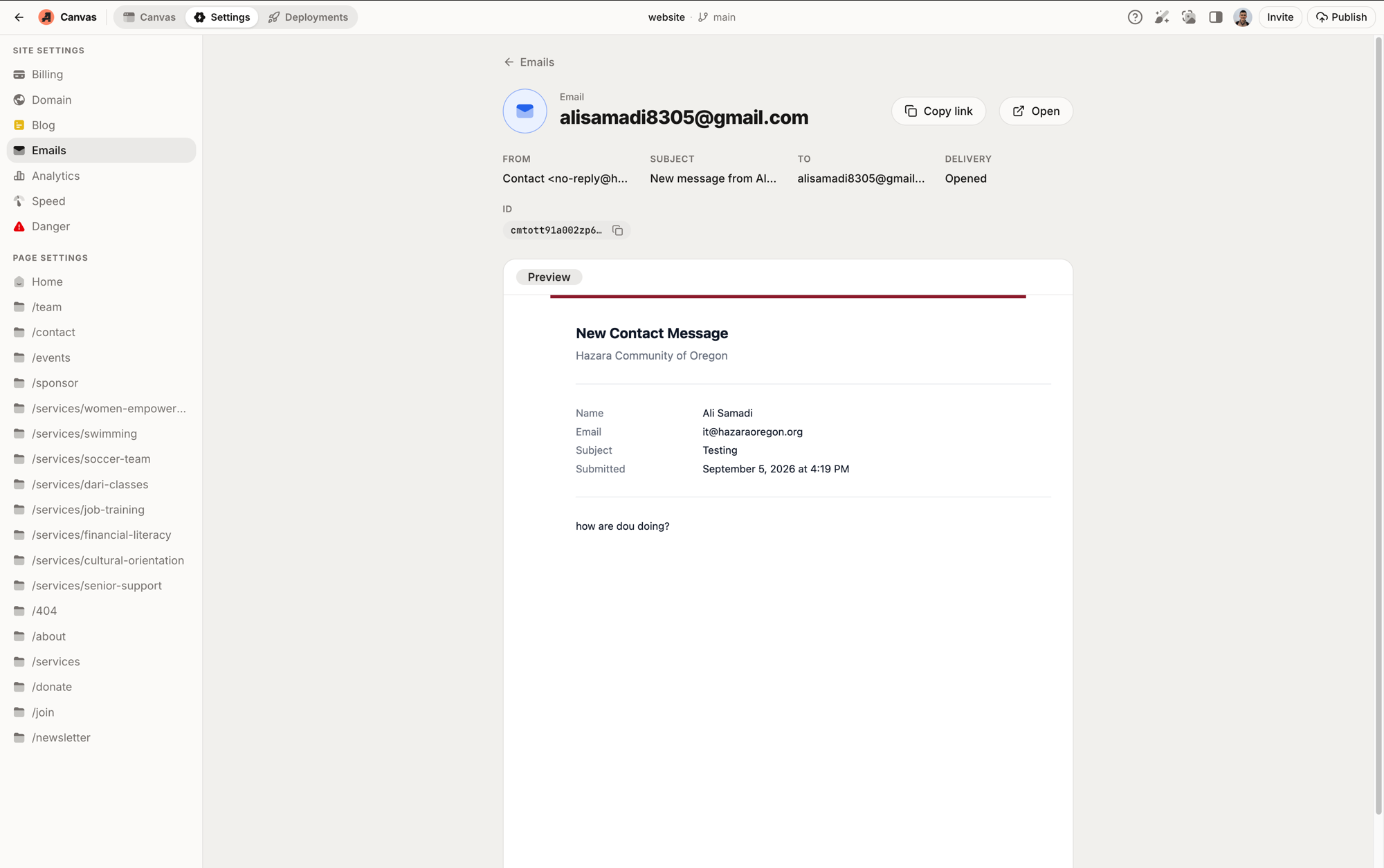 An email detail view with sender, recipient, delivery status, and a full preview of the message