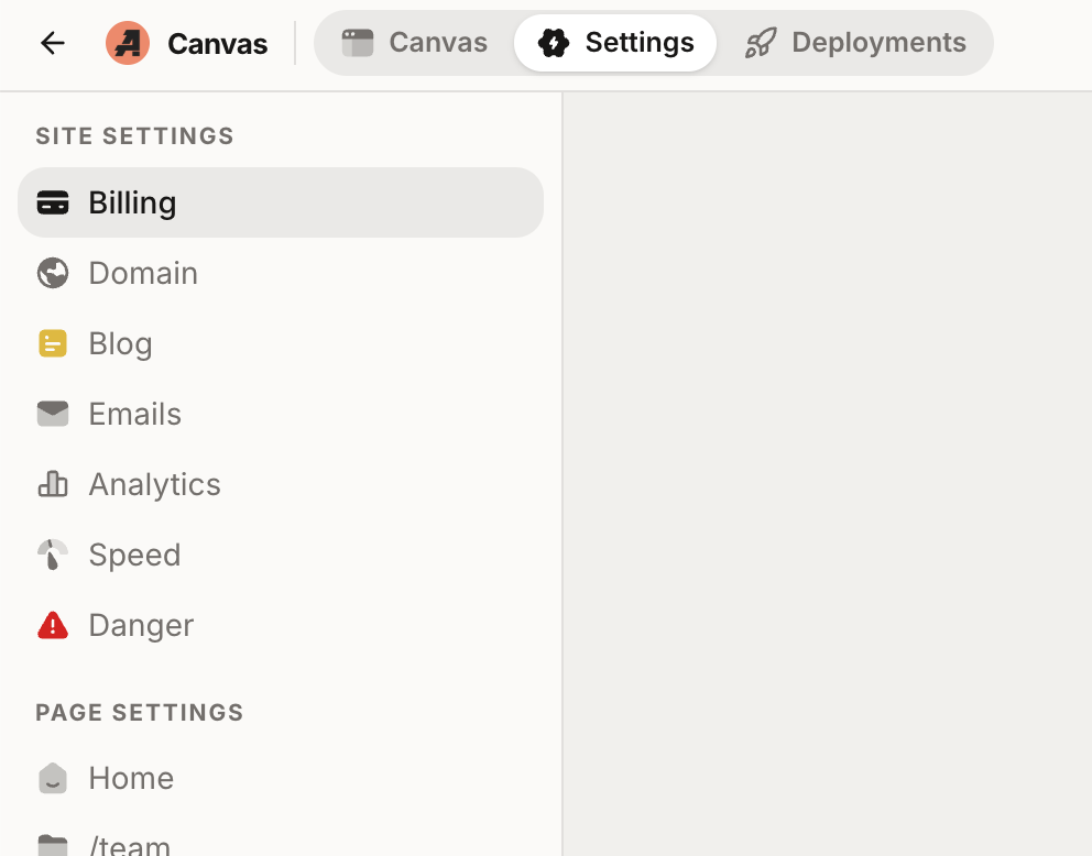 The project settings sidebar with Billing, Domain, Emails, Analytics, and Speed sections