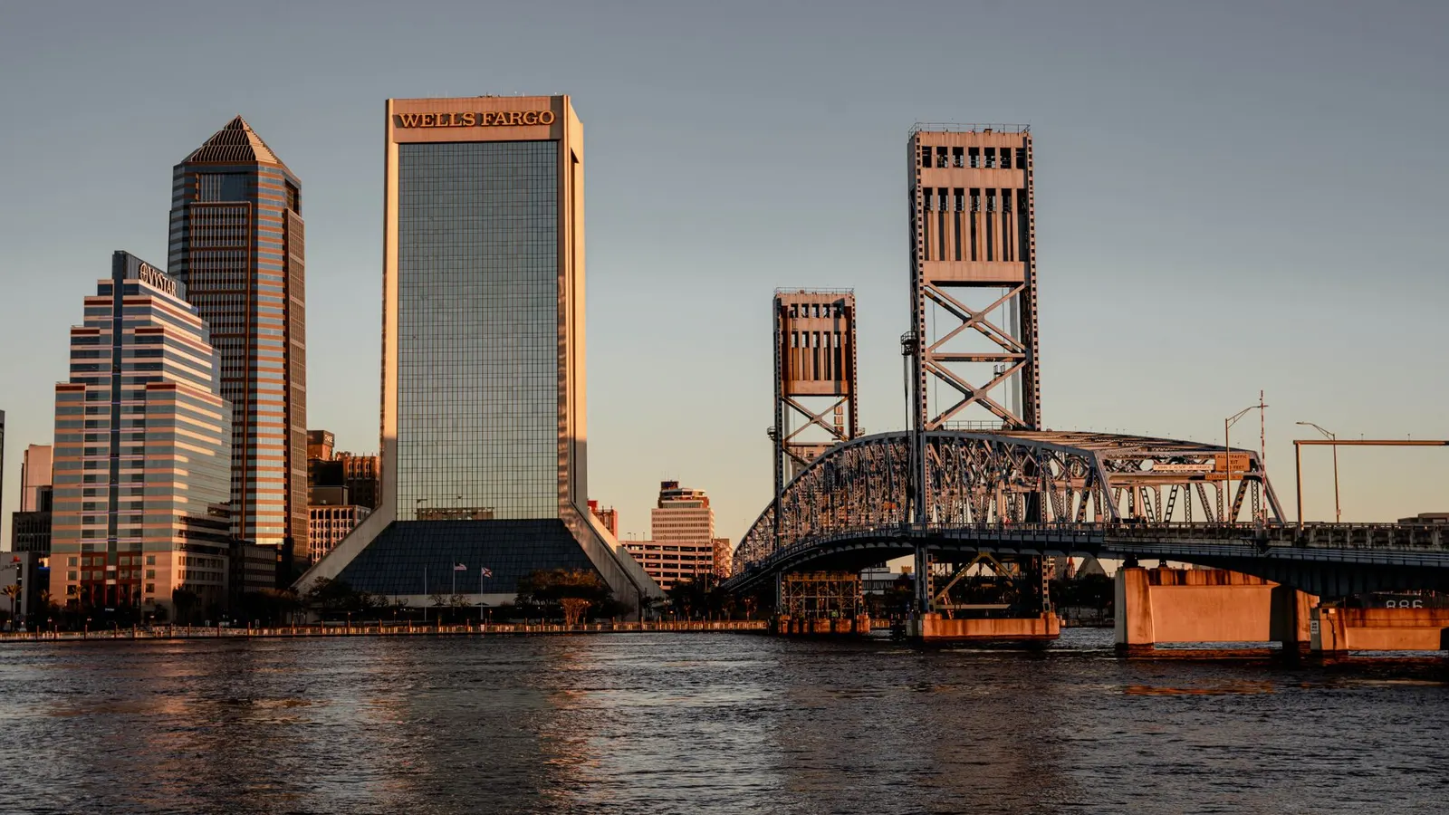 Main Street Bridge and the downtown Jacksonville skyline over the St. Johns River at golden hour