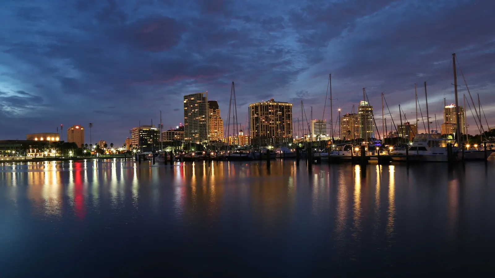 Sailboats in the downtown St. Petersburg marina on Tampa Bay at dusk