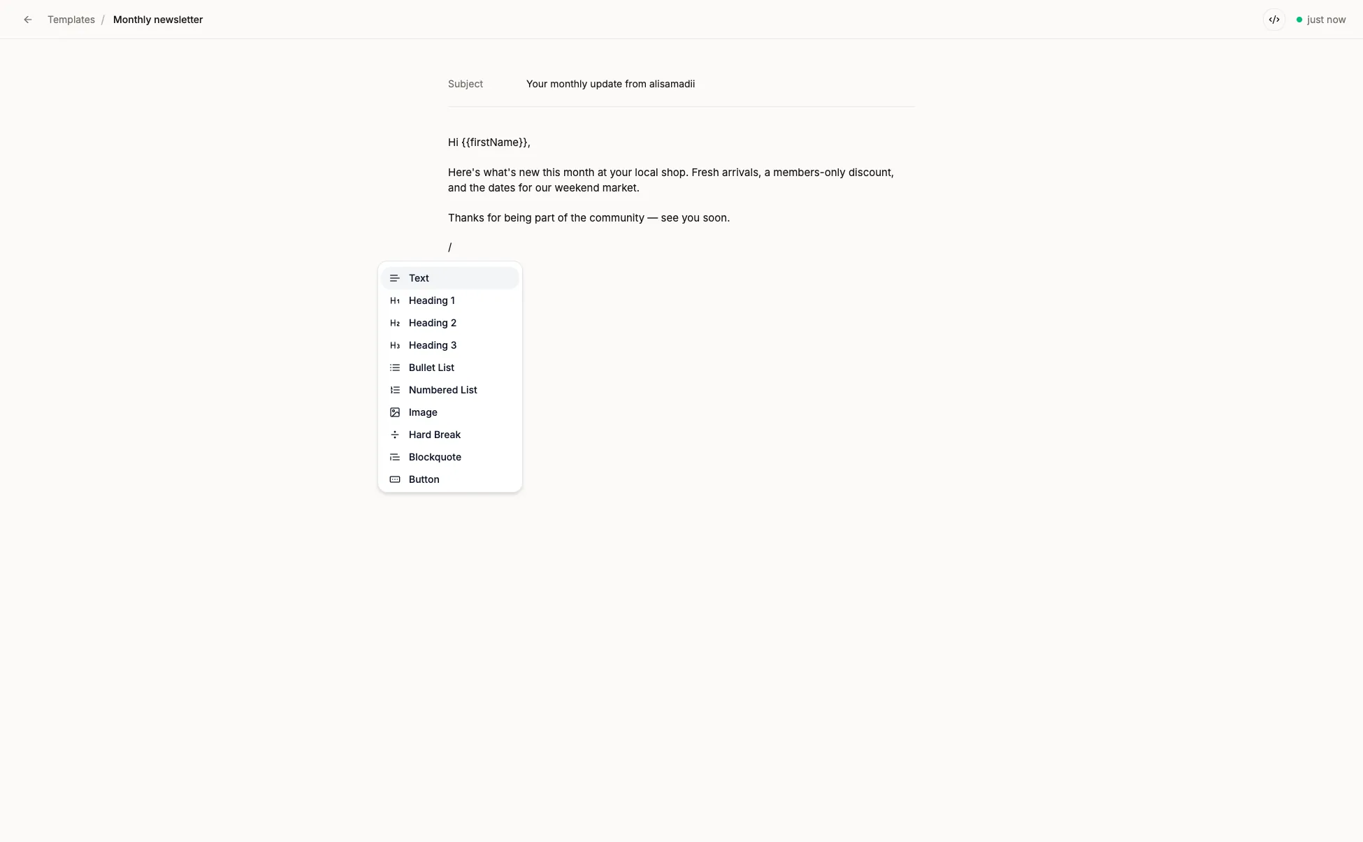 Simple newsletter email editor that works like a document, with a slash menu for headings, images, and buttons