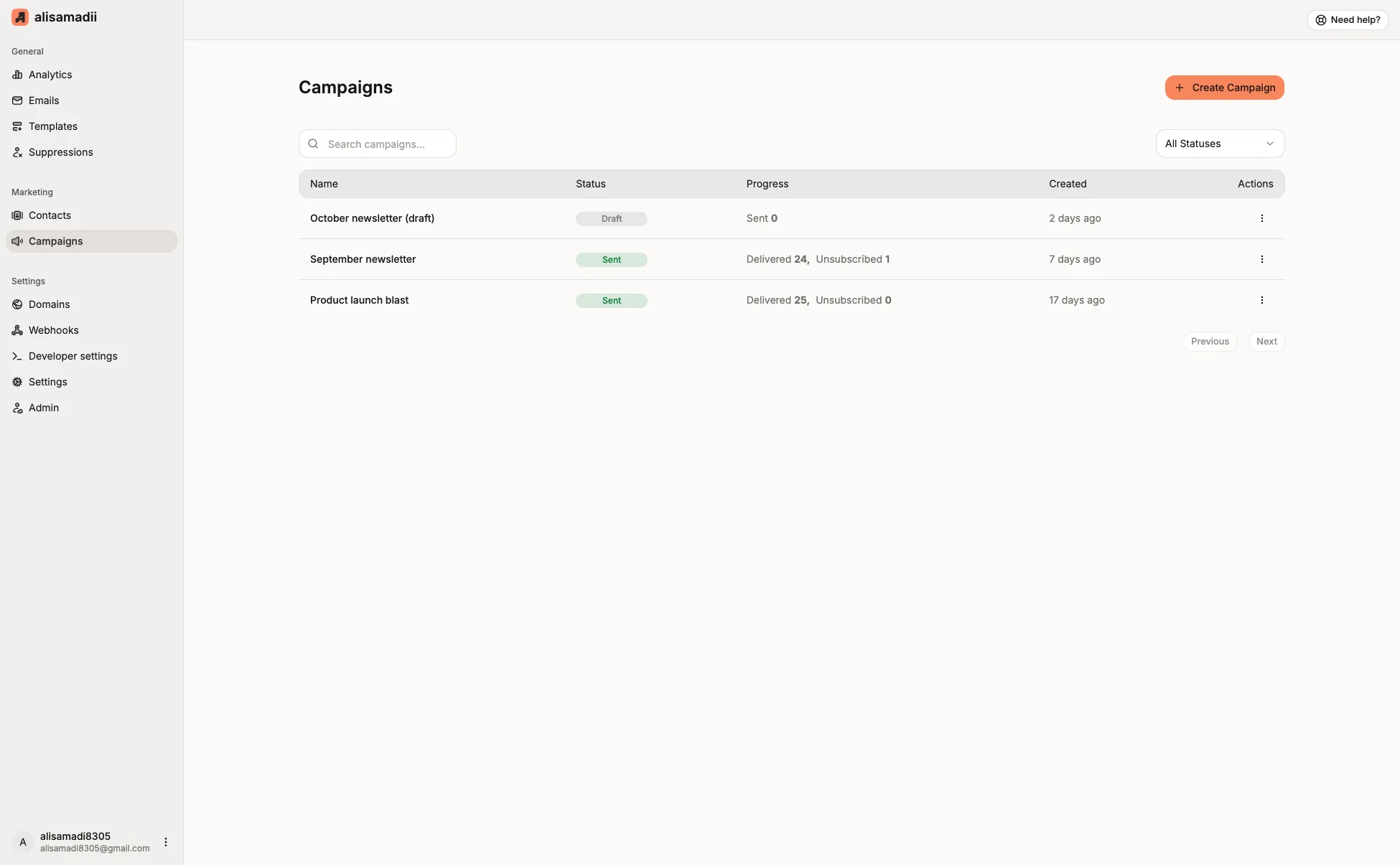Newsletter campaign list showing sent campaigns with delivery progress for each