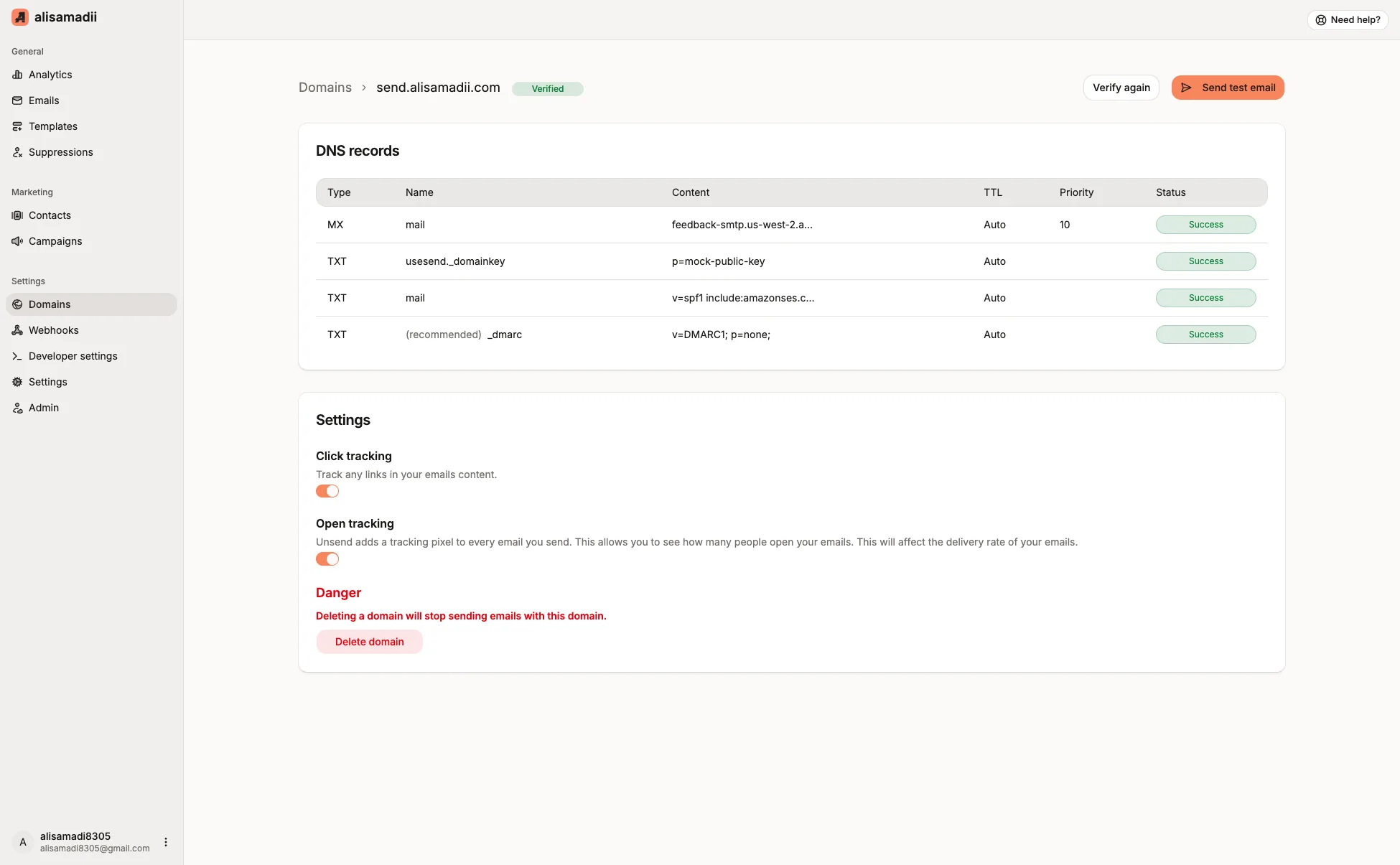 Verified sending domain with SPF, DKIM, and DMARC email deliverability records all passing