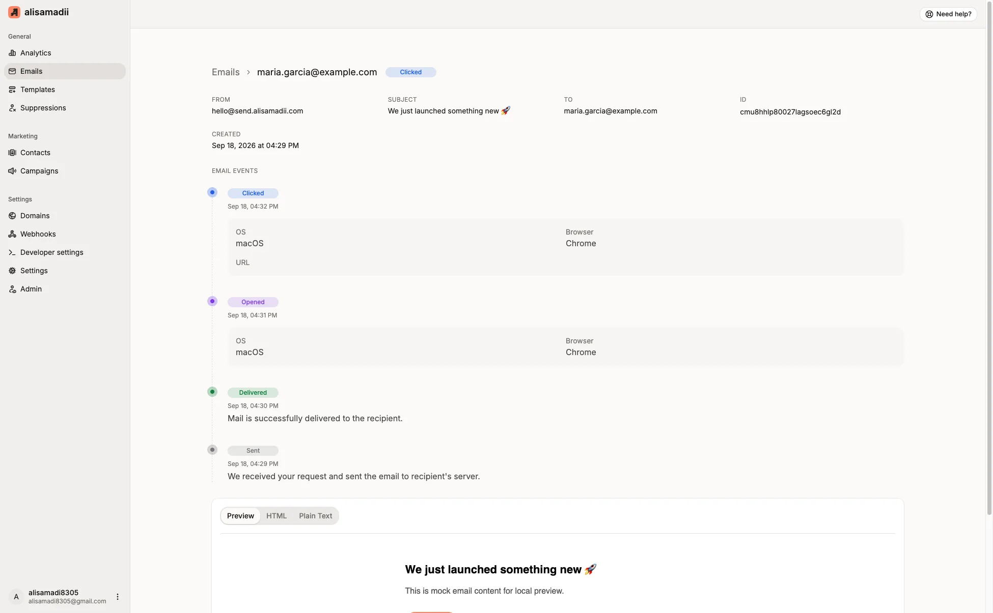 Individual email event timeline showing sent, delivered, opened, and clicked states
